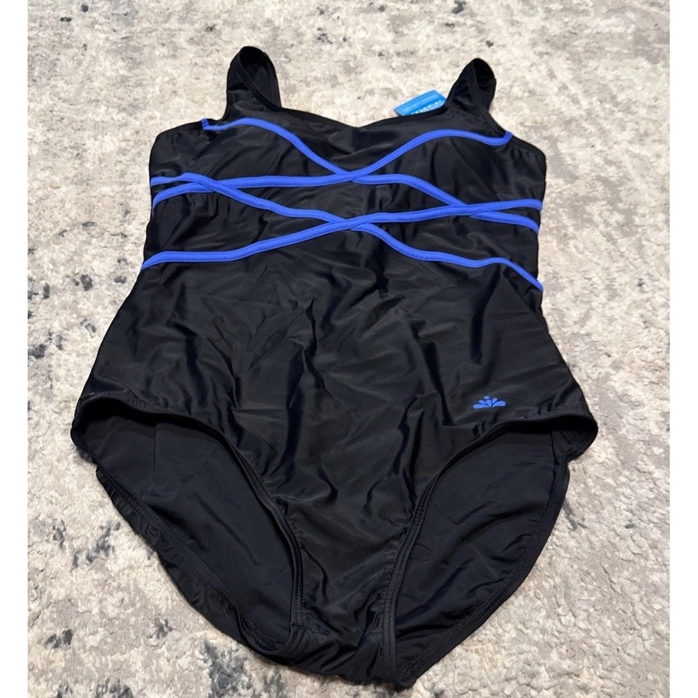 AQUABELLE Swimsuit For All Womens Black / blue criss cross sz 16 New